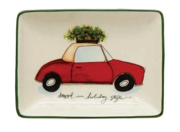Stoneware Dish with Car and Holiday Saying