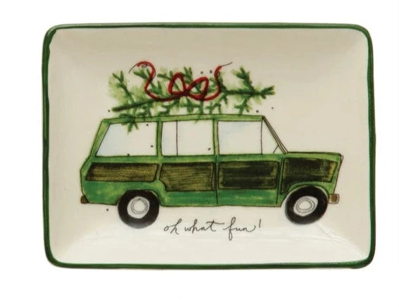 Stoneware Dish with Car and Holiday Saying