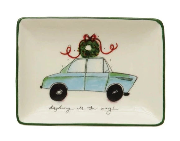 Stoneware Dish with Car and Holiday Saying