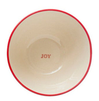 Stoneware Bowl With Red Rim & Holiday Word