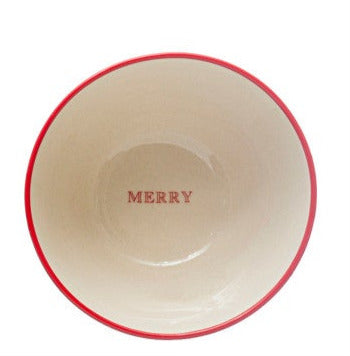 Stoneware Bowl With Red Rim & Holiday Word