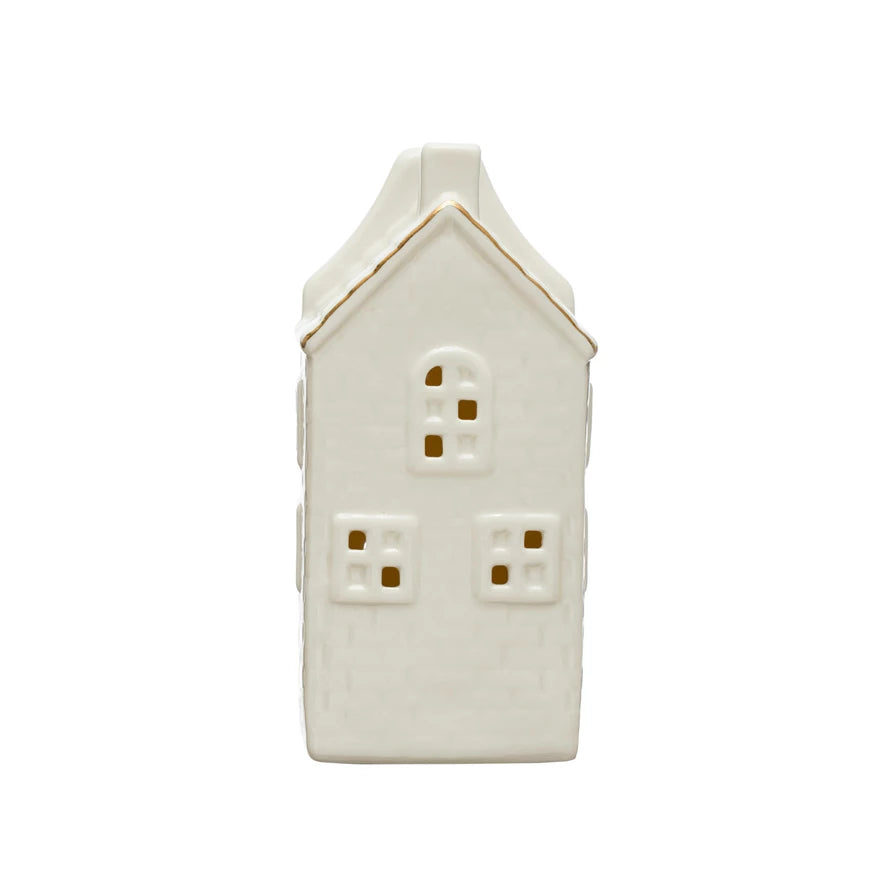 Stoneware House w/ LED Light & Gold Electroplating