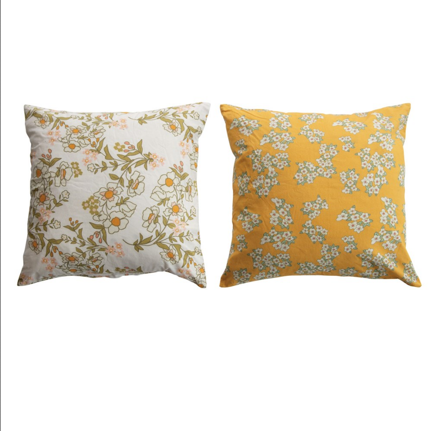 18" Square Cotton Printed Pillow with Flowers