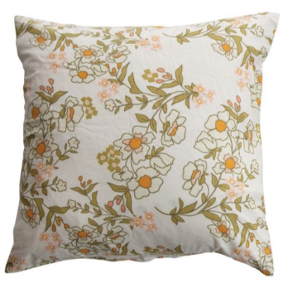 18" Square Cotton Printed Pillow with Flowers