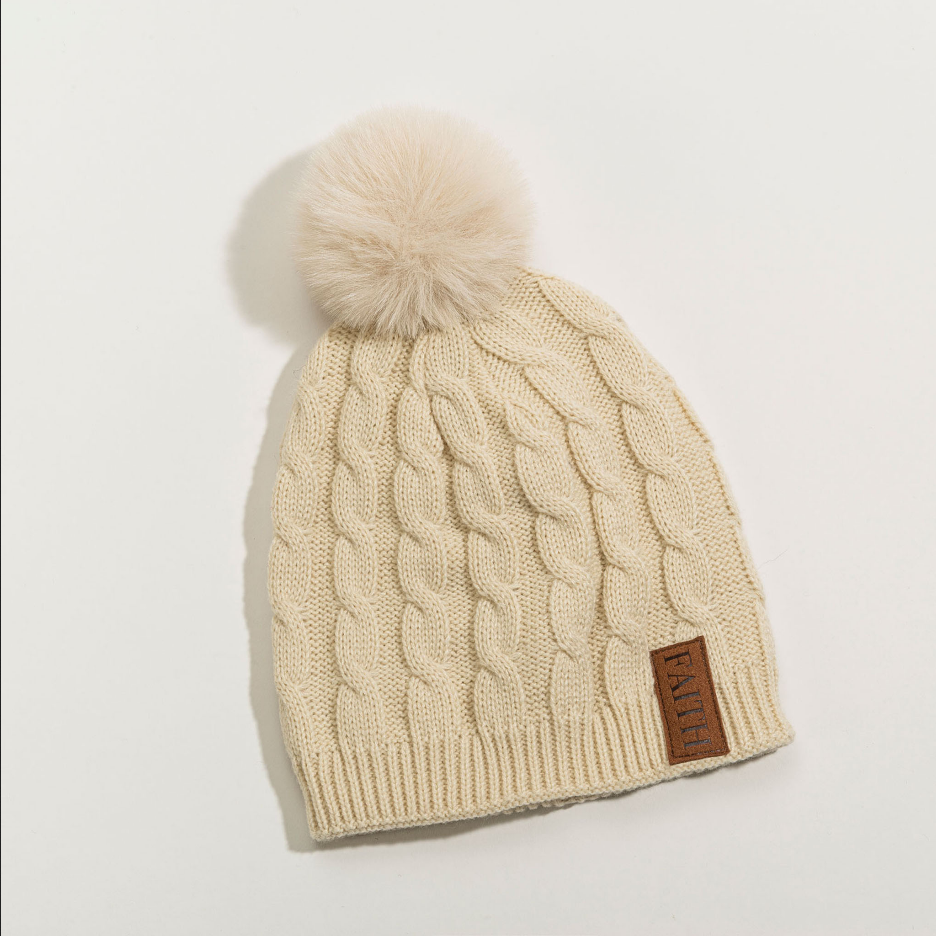 Faux Leather Patch Message Knit Beanie