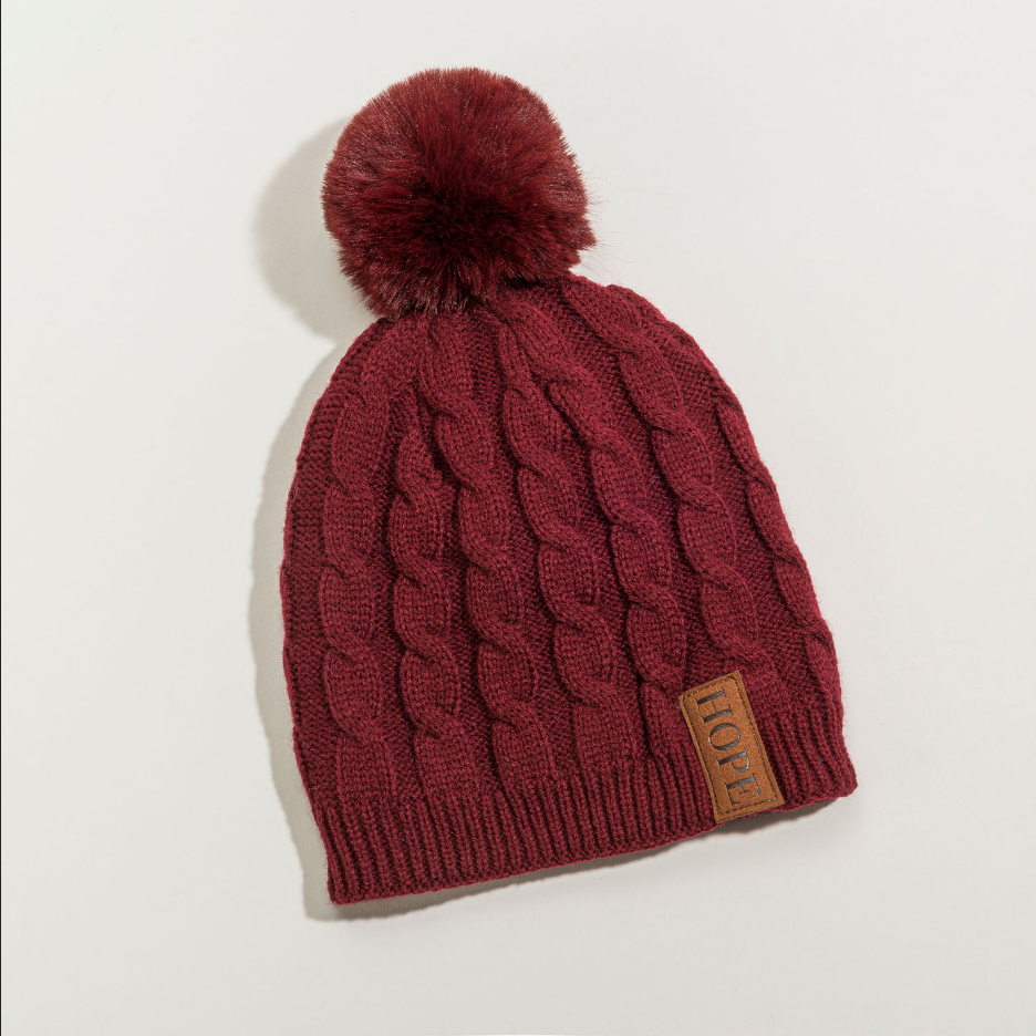 Faux Leather Patch Message Knit Beanie
