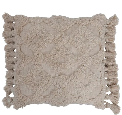 Woven Cotton Slub Pillow with Tufted Design and Tassels