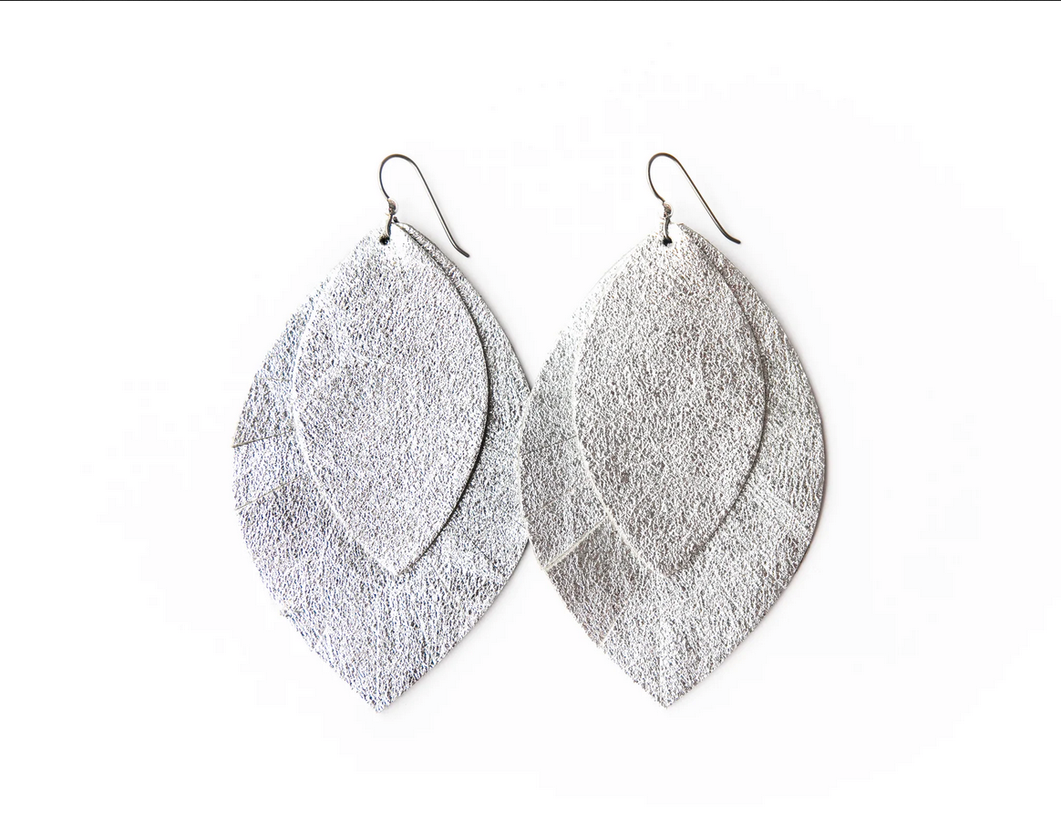 Keva Style Silver Shimmer Layered Leather Earring