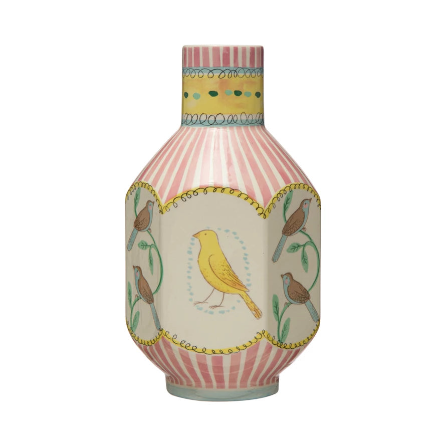 5-3/4"L x 5-1/4"W x 10-1/4"H Ceramic Vase w/ Birds, Multi Color