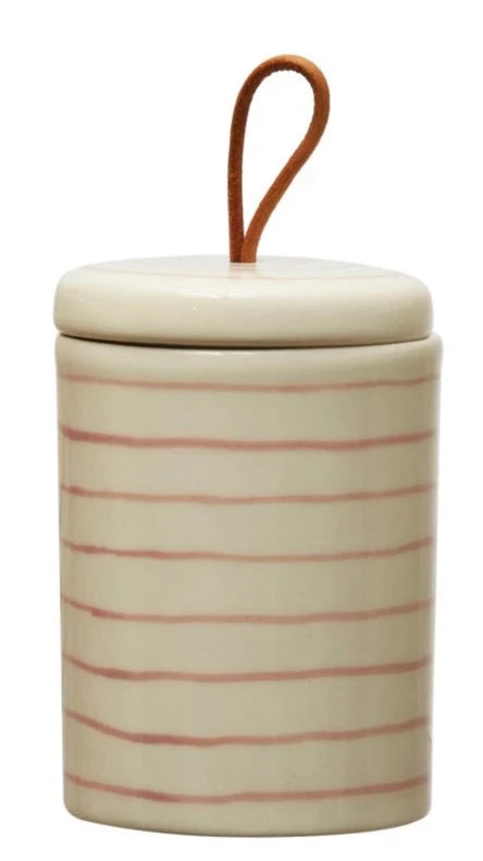 3" Round x 4-1/4"H Stoneware Canister w/ Lid & Leather Pull