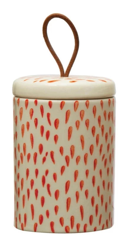 3" Round x 4-1/4"H Stoneware Canister w/ Lid & Leather Pull