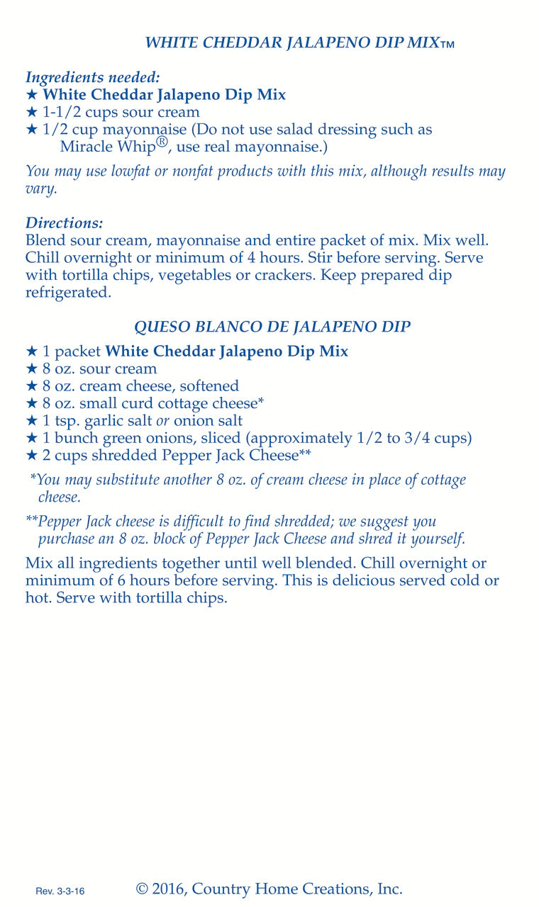White Cheddar Jalapeno Dip Mix