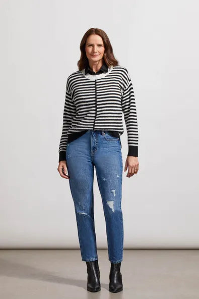 Tribal Striped Crew Neck Sweater With Slits