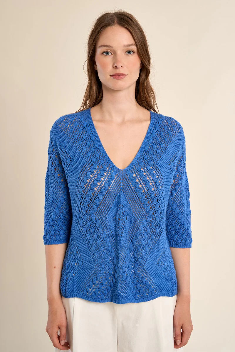 Molly Bracken Short-Sleeved Crochet Knit Sweater