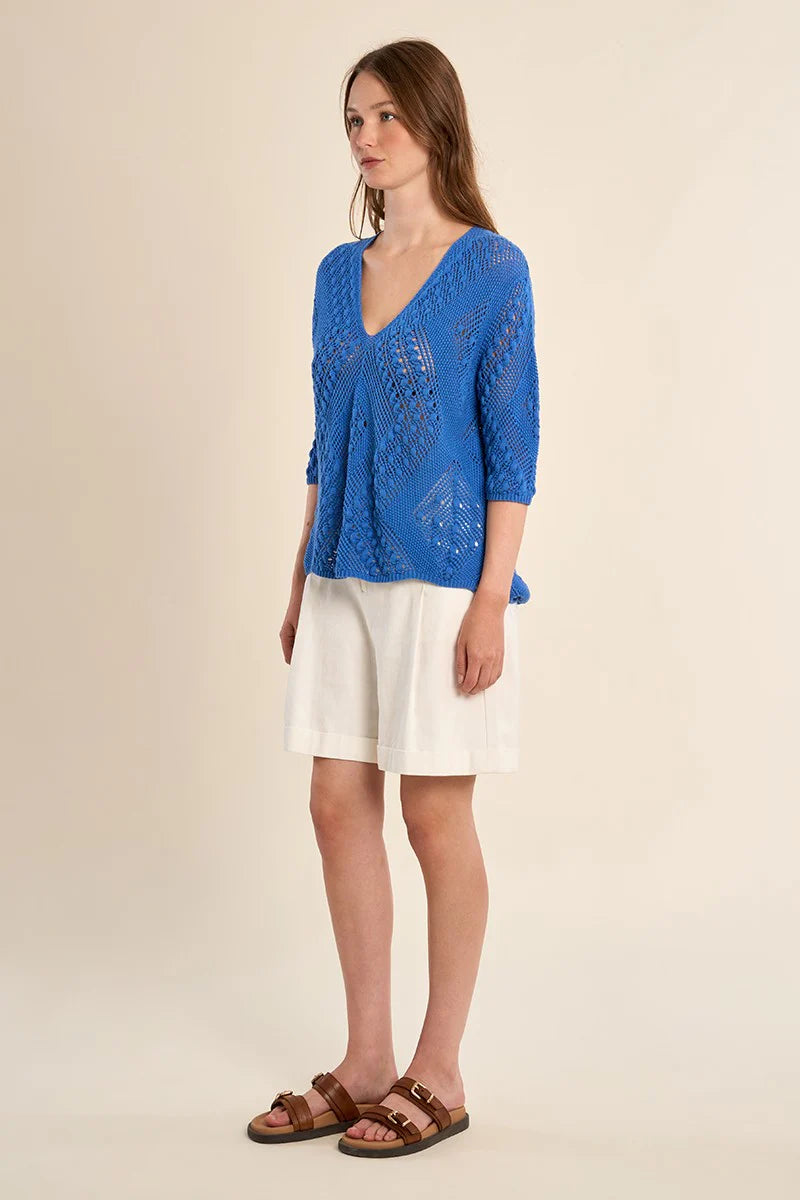 Molly Bracken Short-Sleeved Crochet Knit Sweater