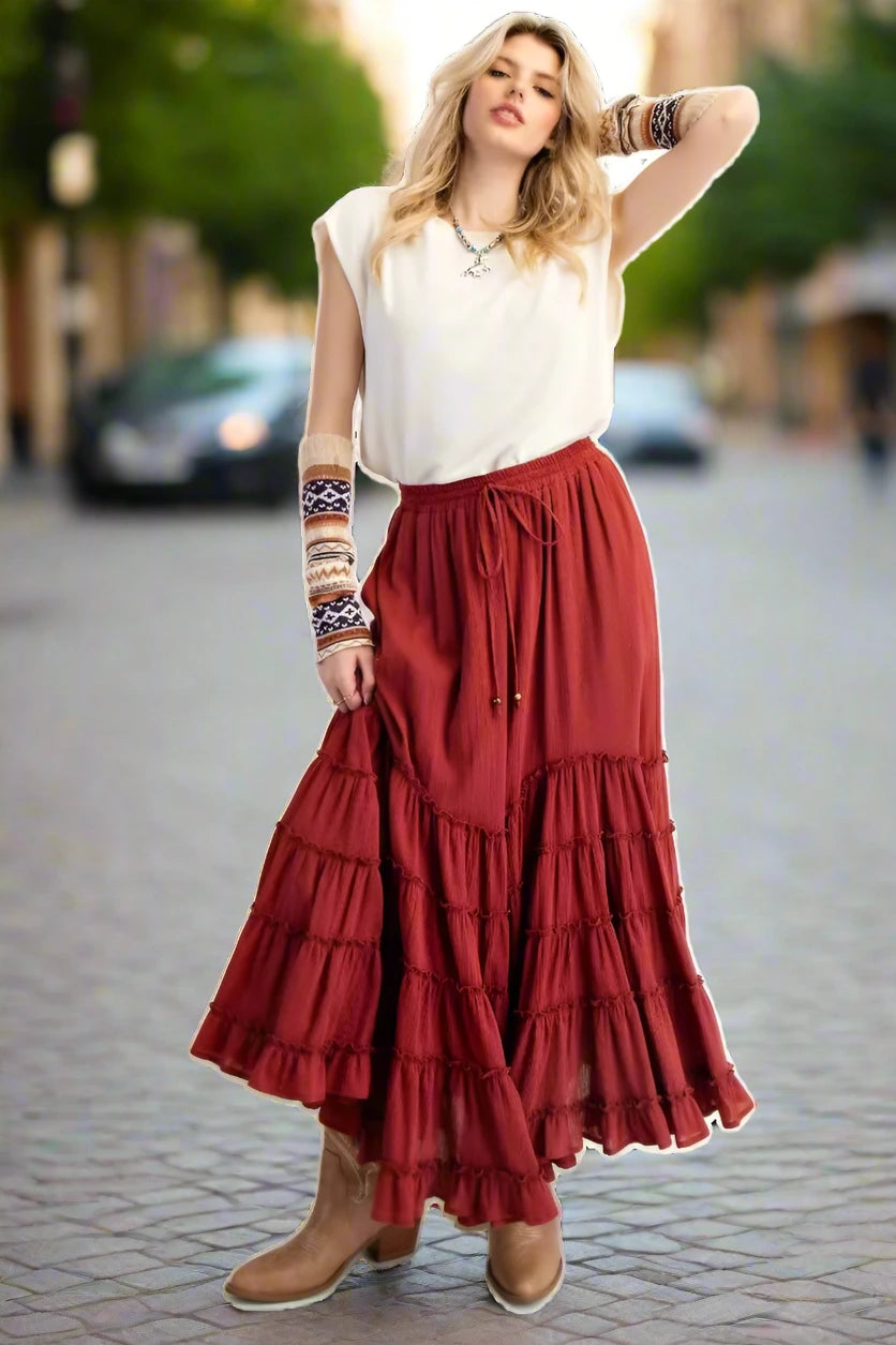 Easel Cotton Gauze Tiered Maxi Skirt