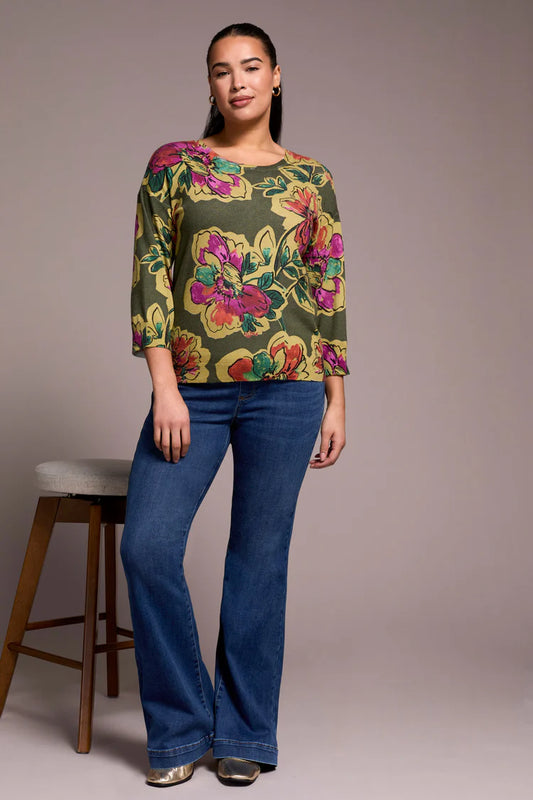 Tribal Soft Yarn Three-Quarter Sleeve Crewneck Sweater