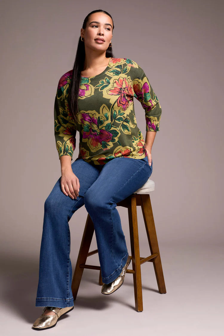 Tribal Soft Yarn Three-Quarter Sleeve Crewneck Sweater