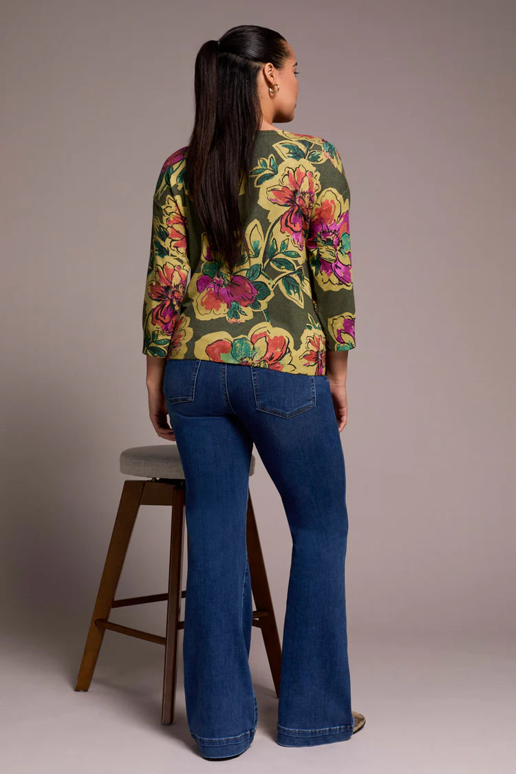 Tribal Soft Yarn Three-Quarter Sleeve Crewneck Sweater