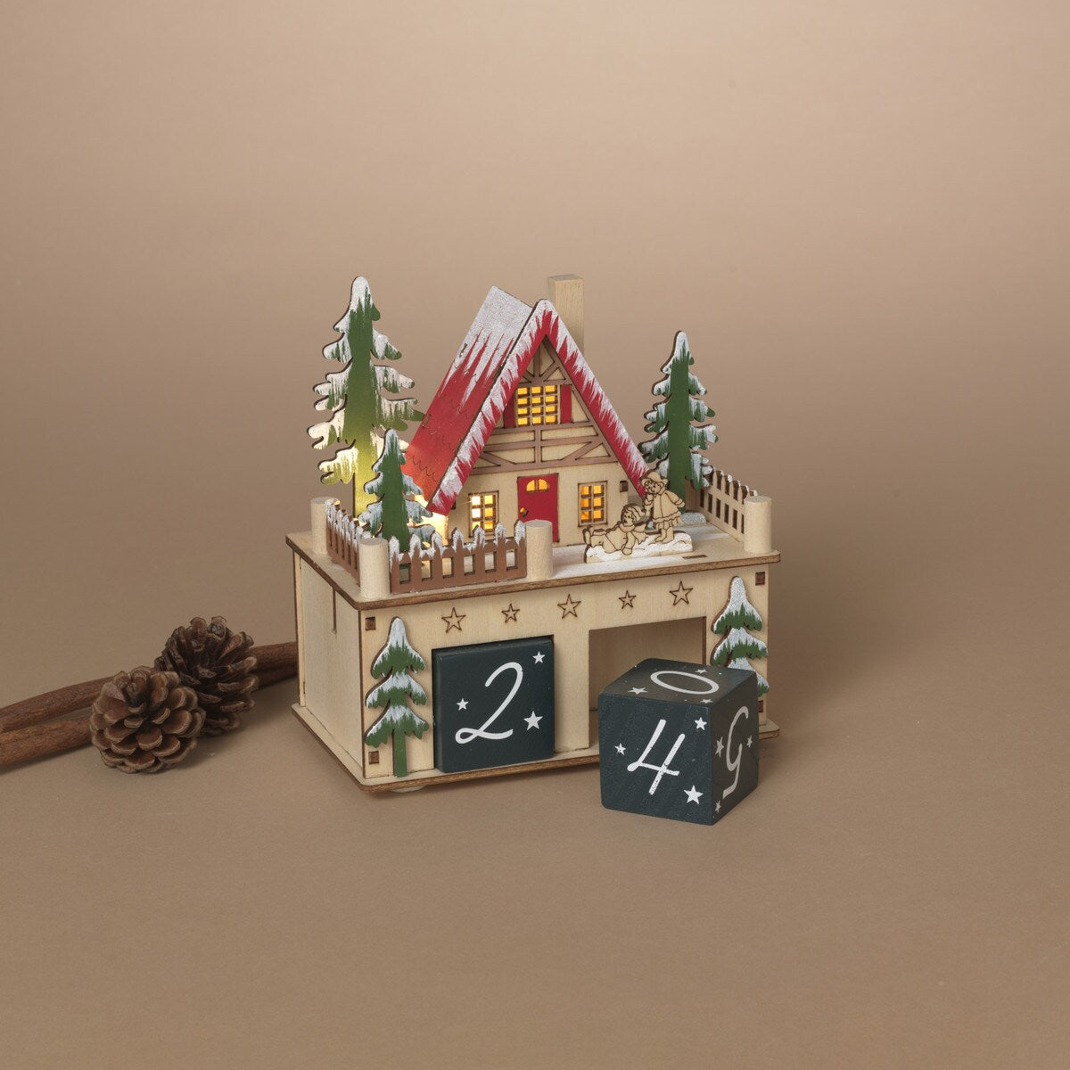 Lighted Laser Cut Wood Village With Countdown Calendar