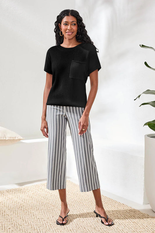 Tribal Dolman Short Sleeve Ribbed Knit Top With Pocket