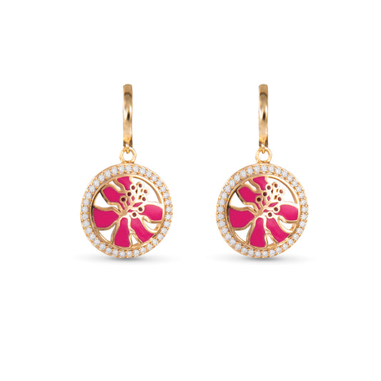 Enamel Pink Hibiscus and CZ Earrings