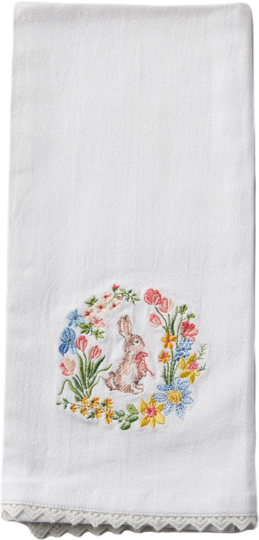 Bunny in Wreath Embroidered Dishtowel