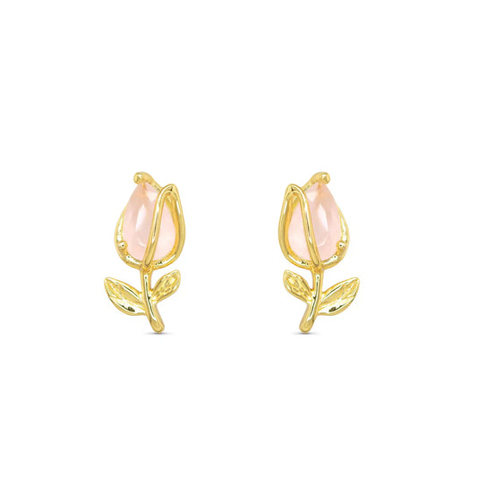 Gold CZ Pink Rose Earrings