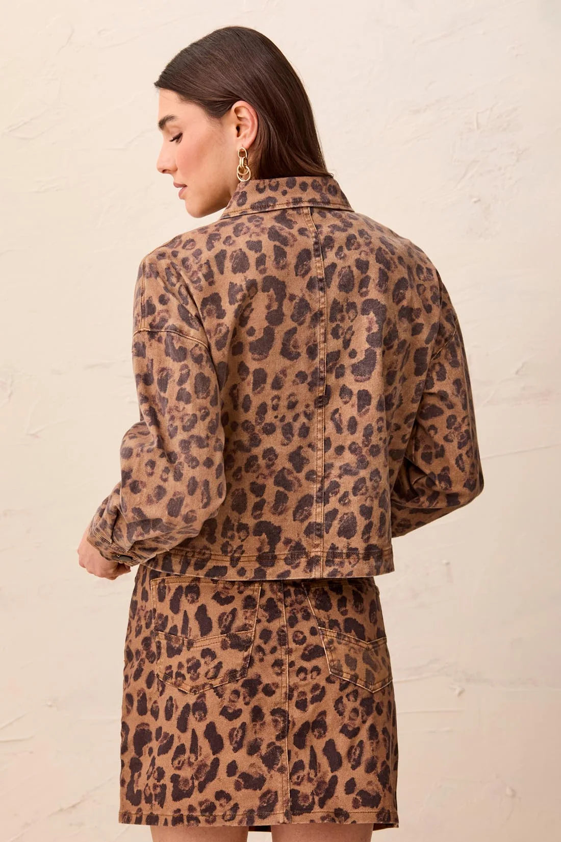 Tribal Leopard Print Cropped Denim Jacket With Patch Pockets
