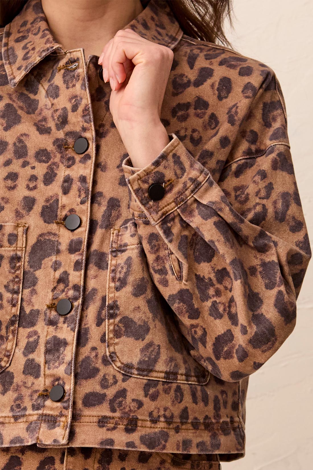 Tribal Leopard Print Cropped Denim Jacket With Patch Pockets