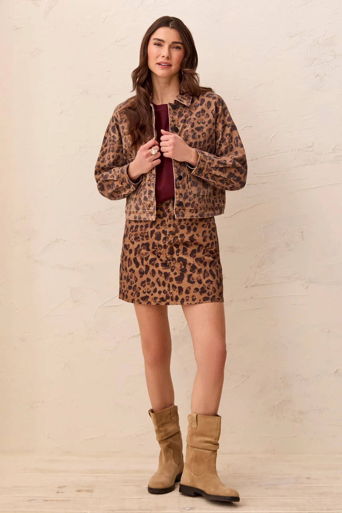 Tribal Leopard Print Cropped Denim Jacket With Patch Pockets