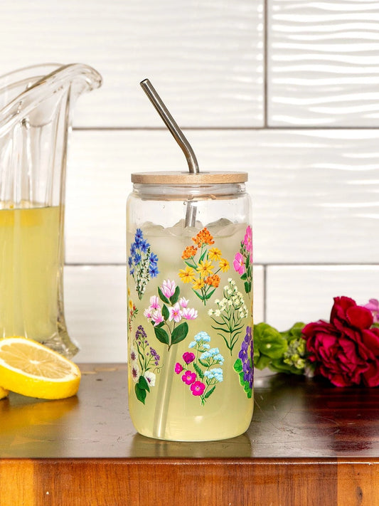 Vintage Blooms Floral Glass Can