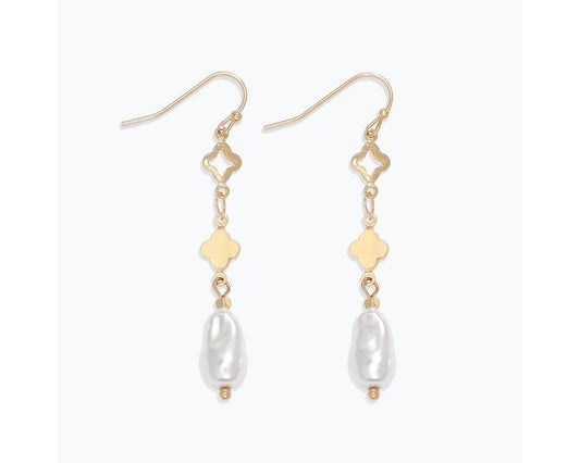 Gold Clover And Pearl Drop Earrings
