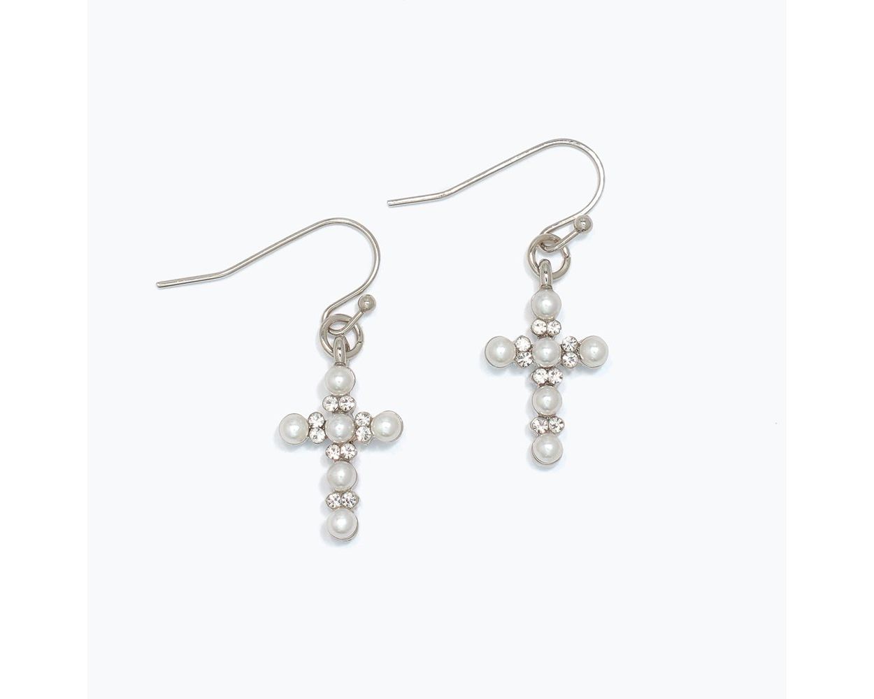 Silver Pearl Cross Earrings