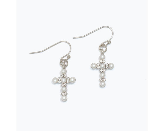 Silver Pearl Cross Earrings