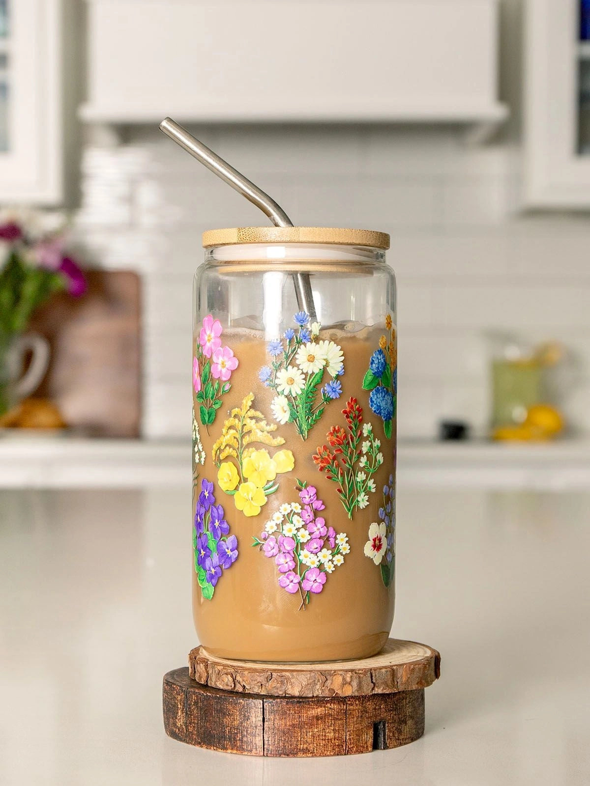 Vintage Blooms Floral Glass Can