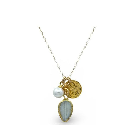 Cluster Necklace: Mother of Pearl Leaf, Pearl and Coin