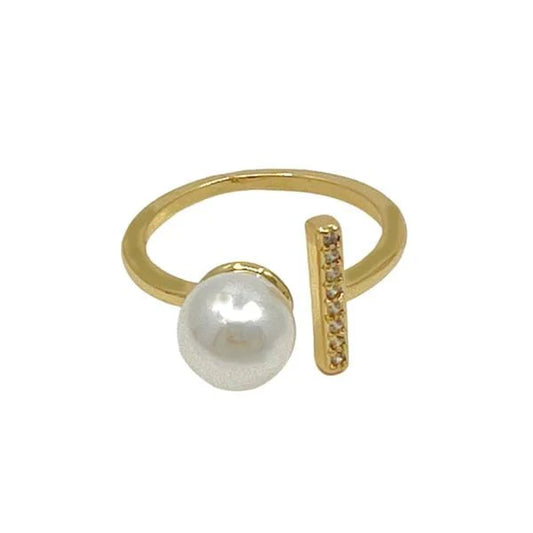 Adjustable Ring: Pearl and CZ Bar