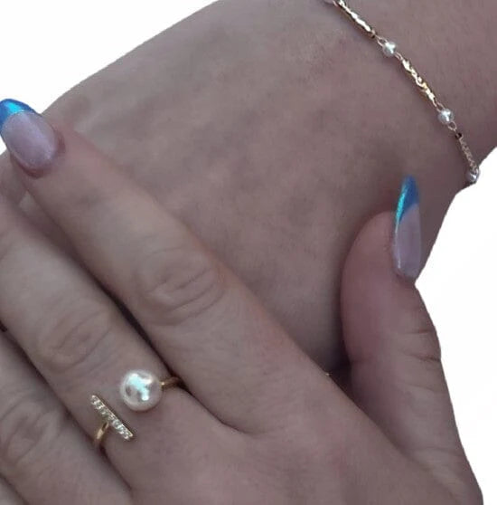 Adjustable Ring: Pearl and CZ Bar