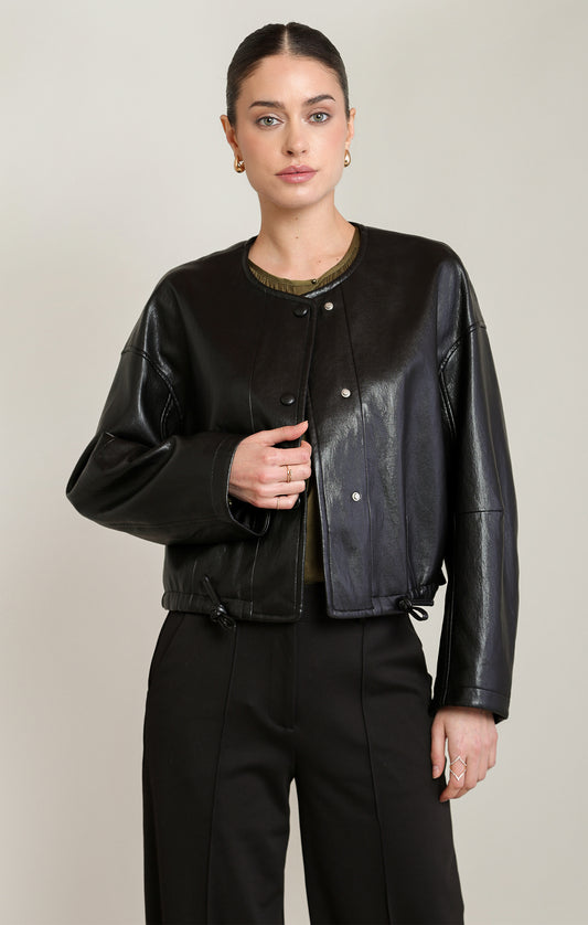 Black Tape Collarless Faux Leather Jacket