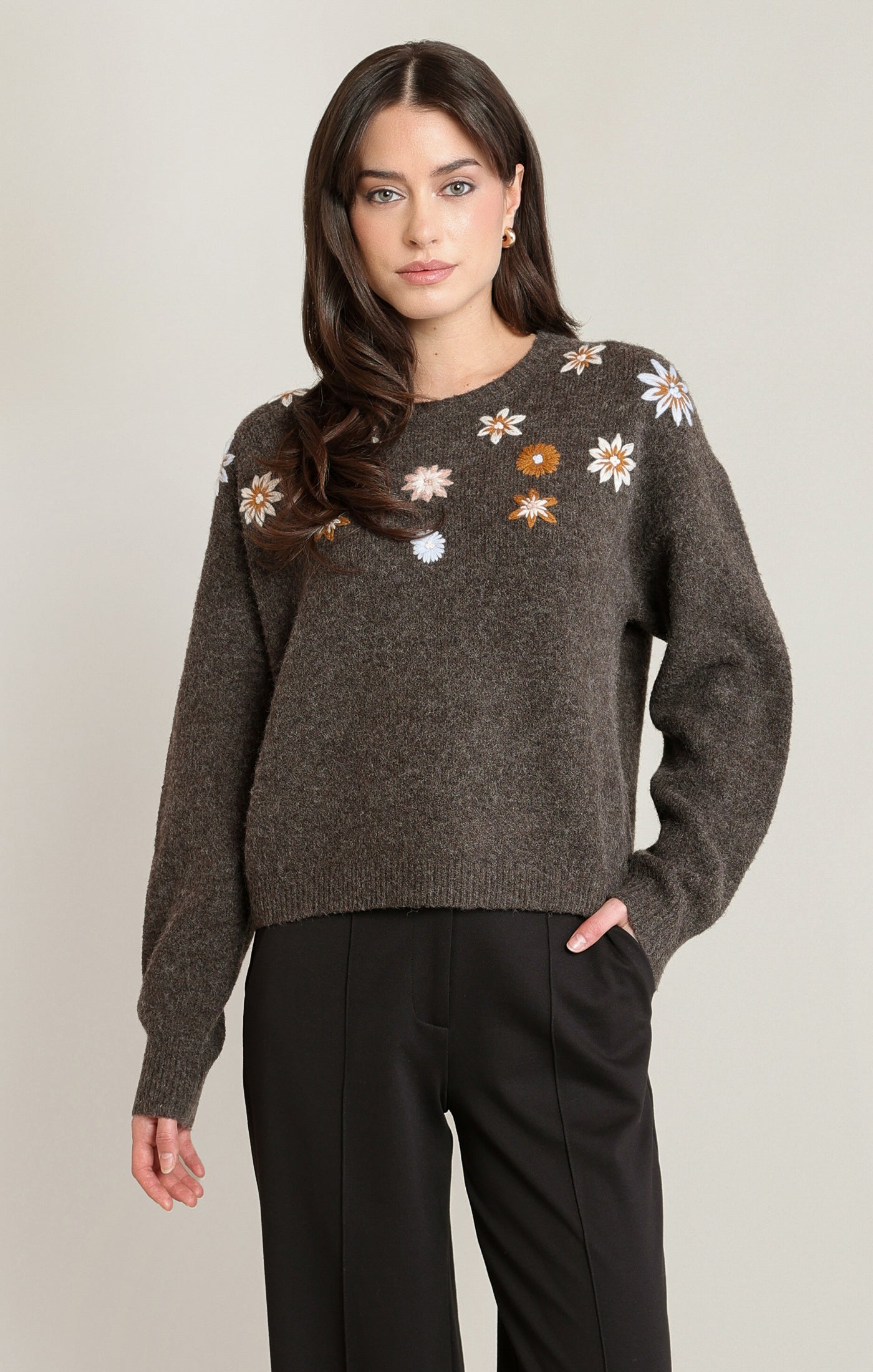 Black Tape Embroidered Flower Sweater