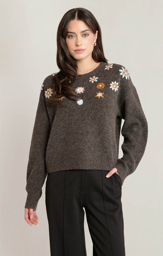 Black Tape Embroidered Flower Sweater