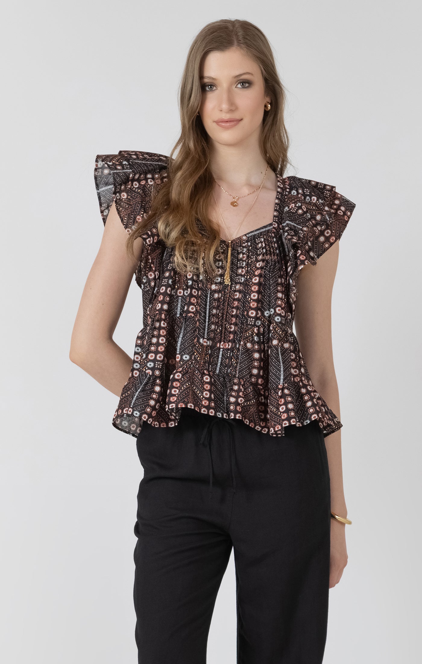Black Tape Printed Ruffled Tencel Blouse