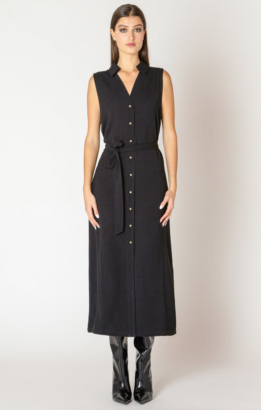 Black Tape Sleeveless Belted Shirt Dress