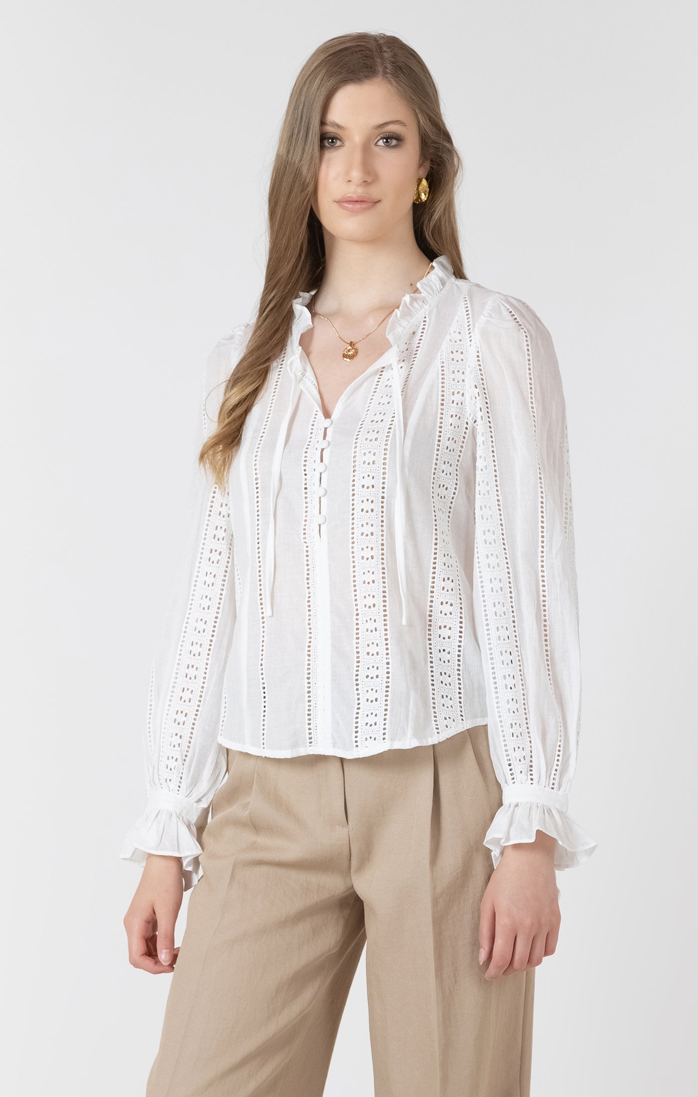 Black Tape Tie-Cuff Lace Insert Blouse