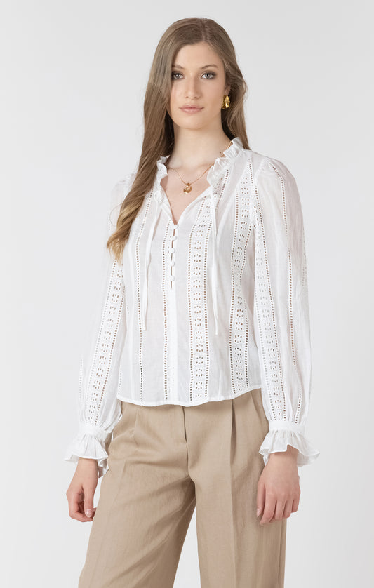 Black Tape Tie-Cuff Lace Insert Blouse