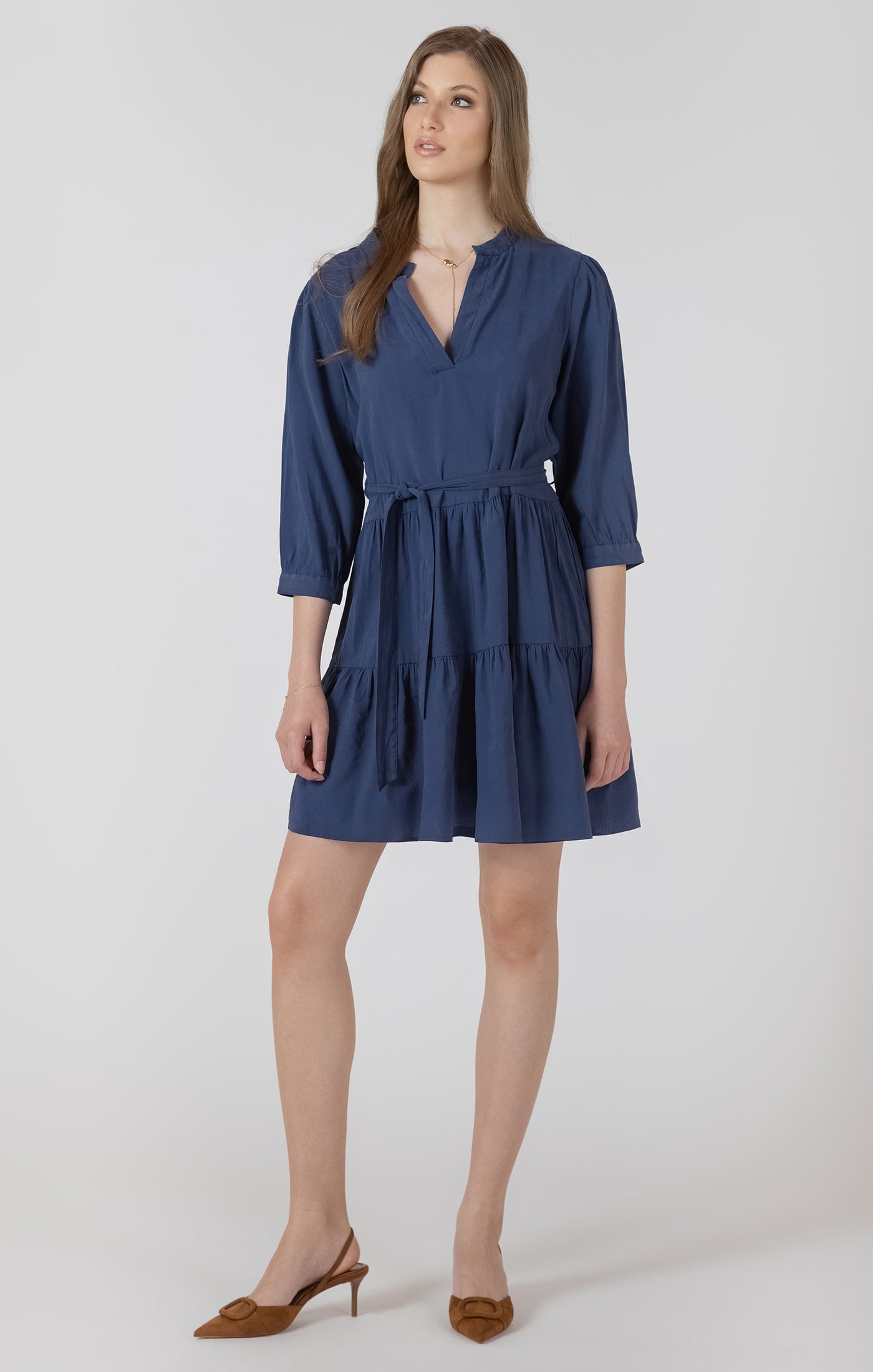 Black Tape Tiered Belted Dress