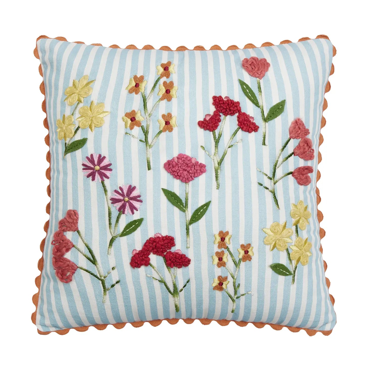 Blue Stripe Floral Embroidered Pillow