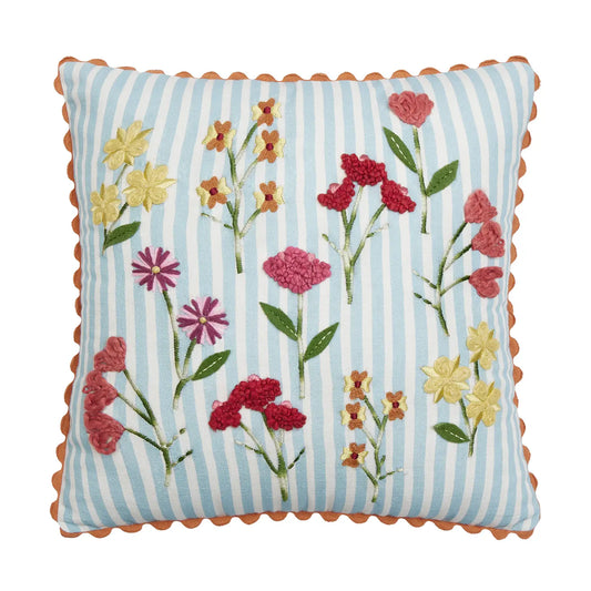 Blue Stripe Floral Embroidered Pillow