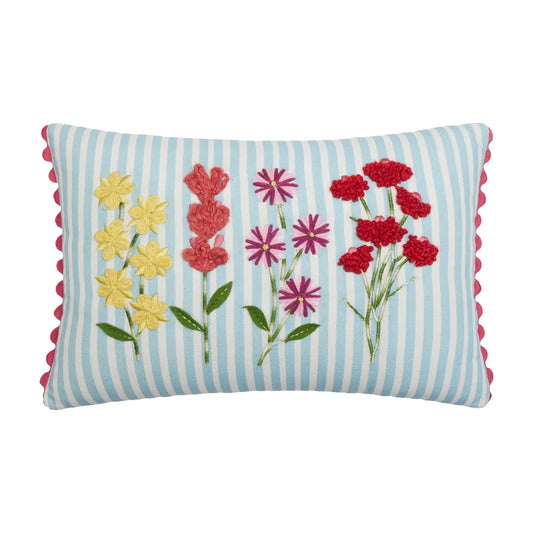 Blue Stripe Floral Oblong Embroidered Pillow
